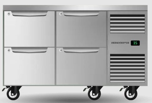 2 Bay ProSpec 1/1 GN Underbench Fridge with 2 Banks of 2 Drawers - Right Hand Services S/S 1.79kw