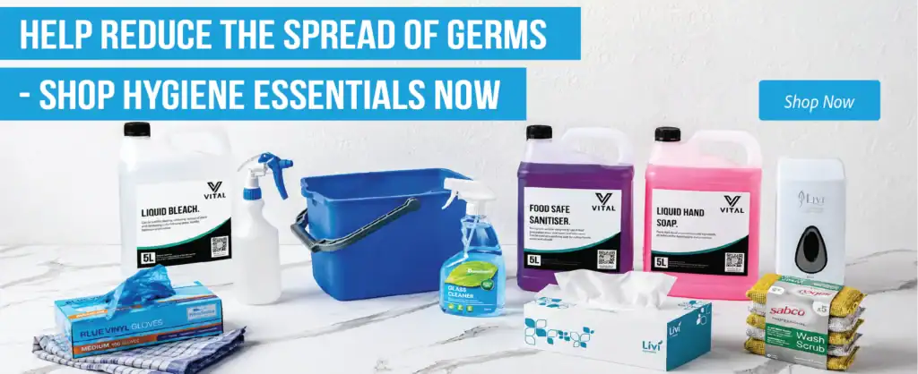 Banner ad urging to reduce germ spread and shop hygiene essentials; shows cleaning products and a blue 'Shop Now' button.
