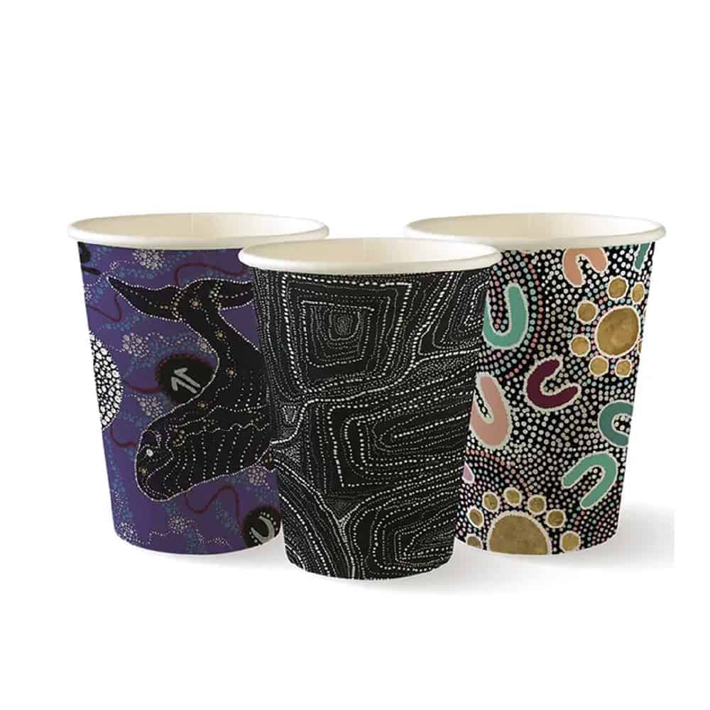 Single Wall Takeaway Coffee Cup 390ml / 12oz (90mm) BioCup Indigenous Art Series