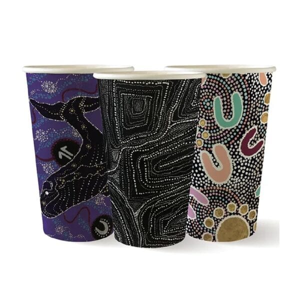 BIOBC16CCABART Single Wall Takeaway Coffee Cup 510ml / 16oz (90mm) BioCup Indigenous Art Series