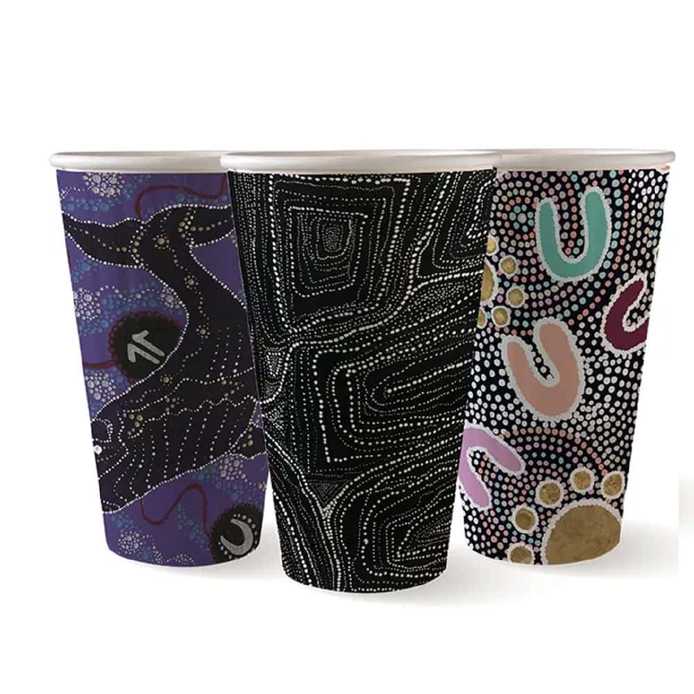 Double Wall Takeaway Coffee Cup 460ml / 16oz (90mm) BioCup Indigenous Art Series
