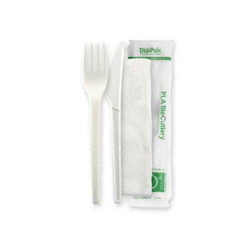Knife, Fork & Napkin Set 165mm Branded Wrap BioCutlery