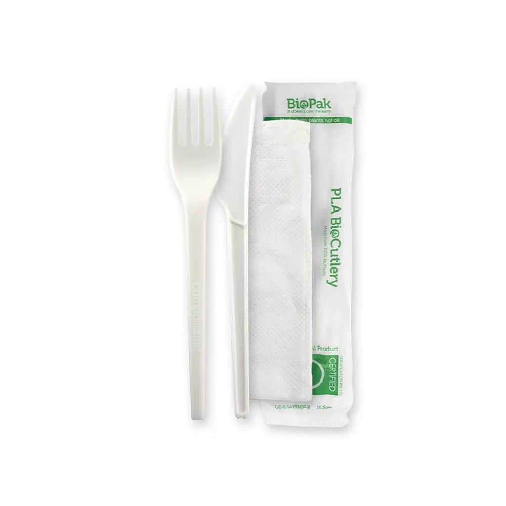 Knife, Fork & Napkin Set 165mm Branded Wrap BioCutlery