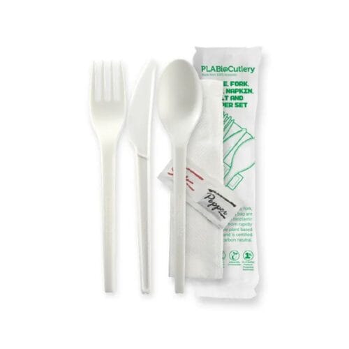 Knife, Fork, Spoon, Napkin, Salt & Pepper Set 165mm Branded Wrap BioCutlery