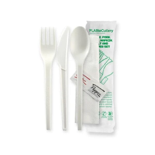 BIOGD65AKFSNSPB Knife, Fork, Spoon, Napkin, Salt & Pepper Set 165mm Branded Wrap BioCutlery