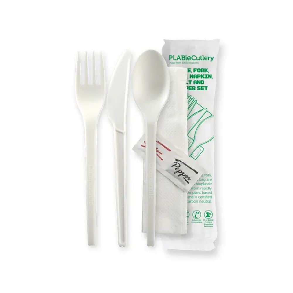 Knife, Fork, Spoon, Napkin, Salt & Pepper Set 165mm Branded Wrap BioCutlery