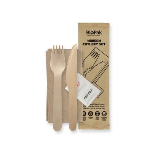 Wooden Knife, Fork, Napkin, Salt & Pepper Set 160mm Coated BioPak