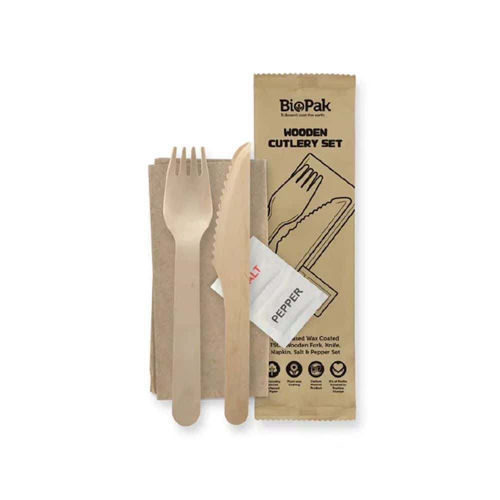Wooden Knife, Fork, Napkin, Salt & Pepper Set 160mm Coated BioPak