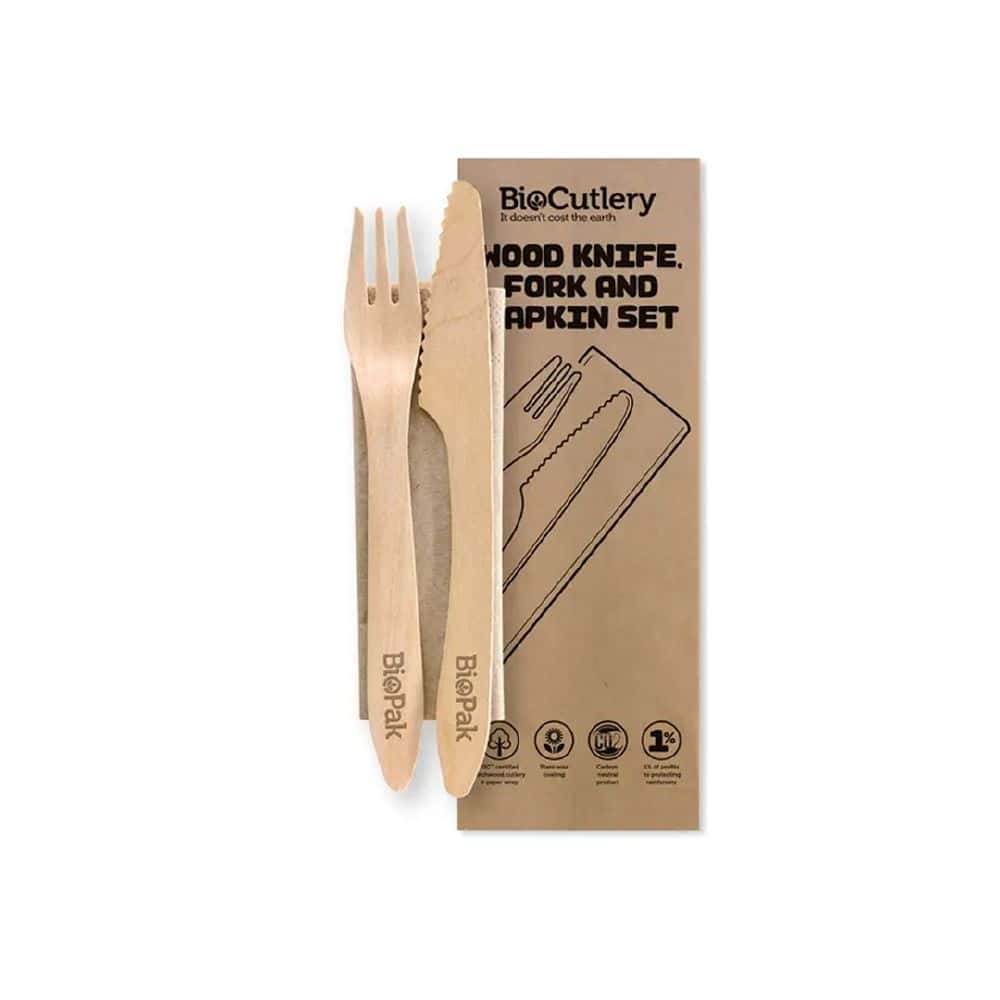 Wooden Knife, Fork & Napkin Set 190mm Coated BioPak