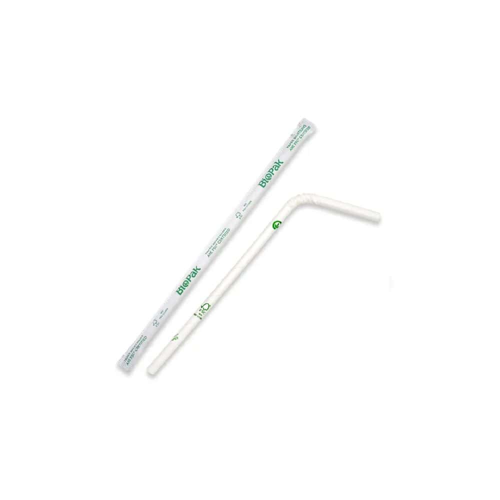 Straw Bendy 197mm (6mm) 3 Ply Individually Wrapped BioStraw White