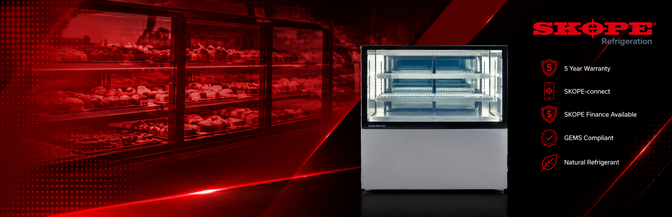 Promotional banner for SKOPE refrigeration with a glass-front display cabinet and a red/black background, and a list of key features on the right.