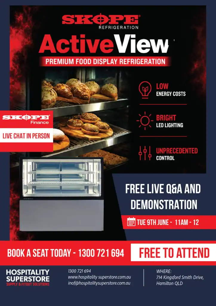 Promotional poster for Skøpe ActiveView refrigeration with baked goods on display and event details.