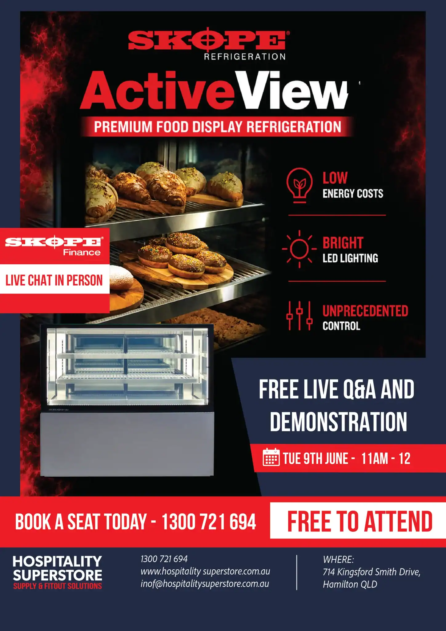 Promotional poster for Skøpe ActiveView refrigeration with baked goods on display and event details.