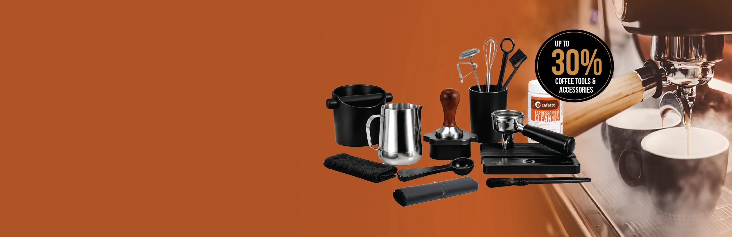 Promotional banner showing coffee tools and accessories with an Up to 30% badge on an orange background.