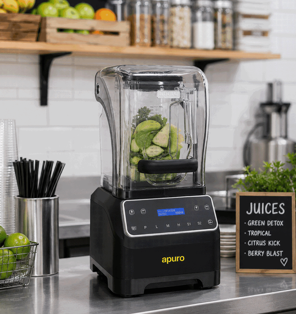 Apuro blender on a kitchen counter with a clear jar filled with greens and fruit ready for blending.
