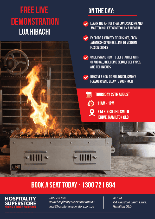 Event poster for a free live charcoal grilling demo by Lua Hibachi; grill photo with schedule: Thu 27th Aug, 11am–1pm, 714 Kingsford Smith Drive, Hamilton QLD; contact 1300 721 694