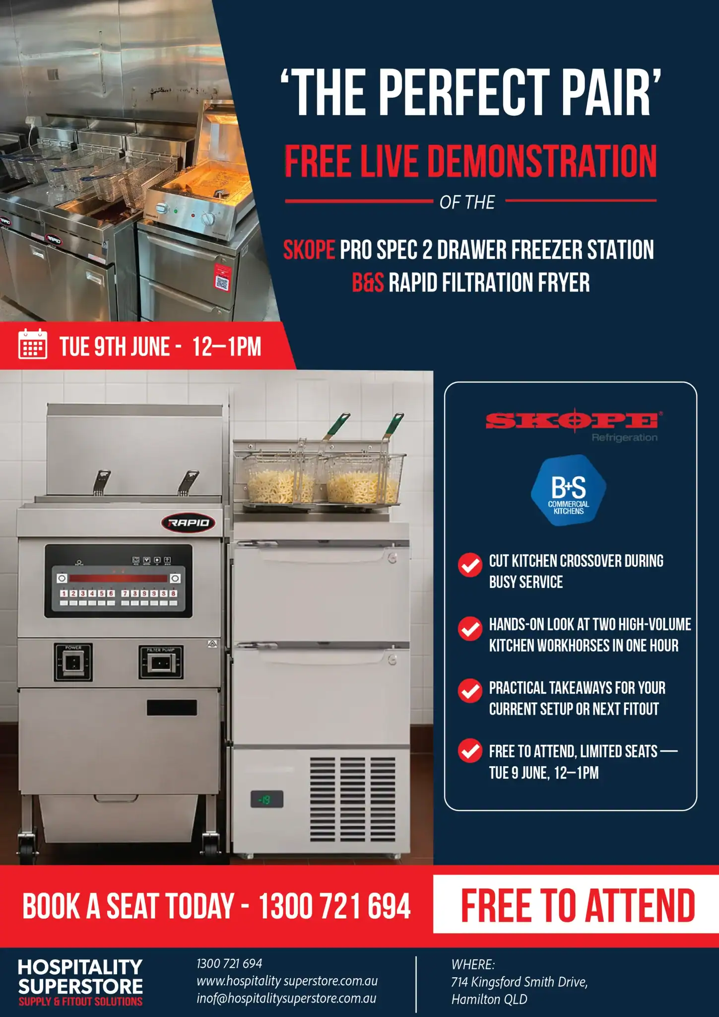 Ad banner showing commercial kitchen equipment next to a dark blue panel with promotional text about a live demonstration and appliances from Skope Pro Spec 2 and B&S.